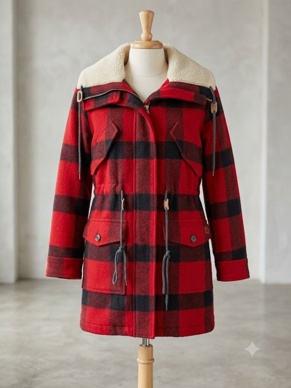 Classic Red Buffalo Plaid Sherpa Collar Coat